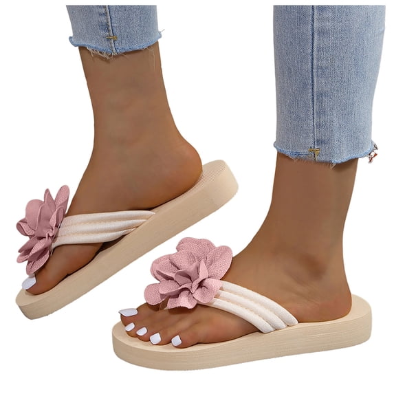 Rokment Flower Platform Flip Flops for Women Beach Boho Comfortale Chunky Mid Heel Memory Foam Slip on Dress Sandals Waterproof Quick-Dry Slides Slippers Indoor Outdoor Red Size 10.5