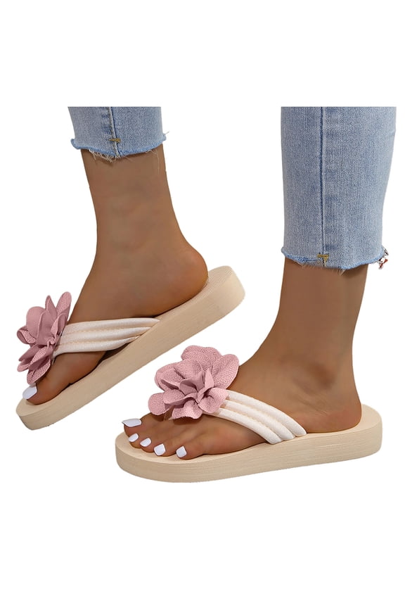 Flower Platform Flip Flops for Women Beach Boho Comfortale Chunky Mid Heel Memory Foam Slip on Dress Sandals Waterproof Quick-Dry Slides Slippers Indoor Outdoor Red Size 6.5
