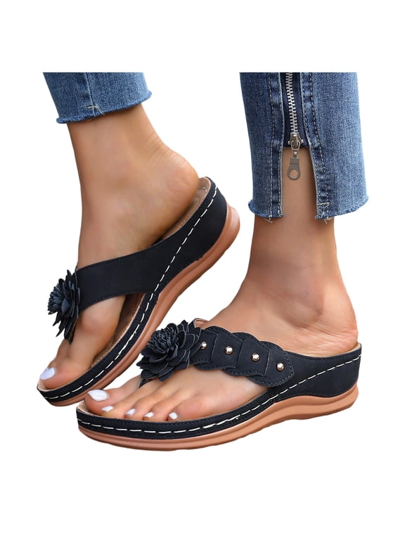 Flower Platform Wedge Dress Backless Sandals for Women Plantar Fasciitis with Arch Support Boho Beach Casual Leather Chunky Heel Orthotic Flip Flops Walking Slides Slippers Black Size 8.5