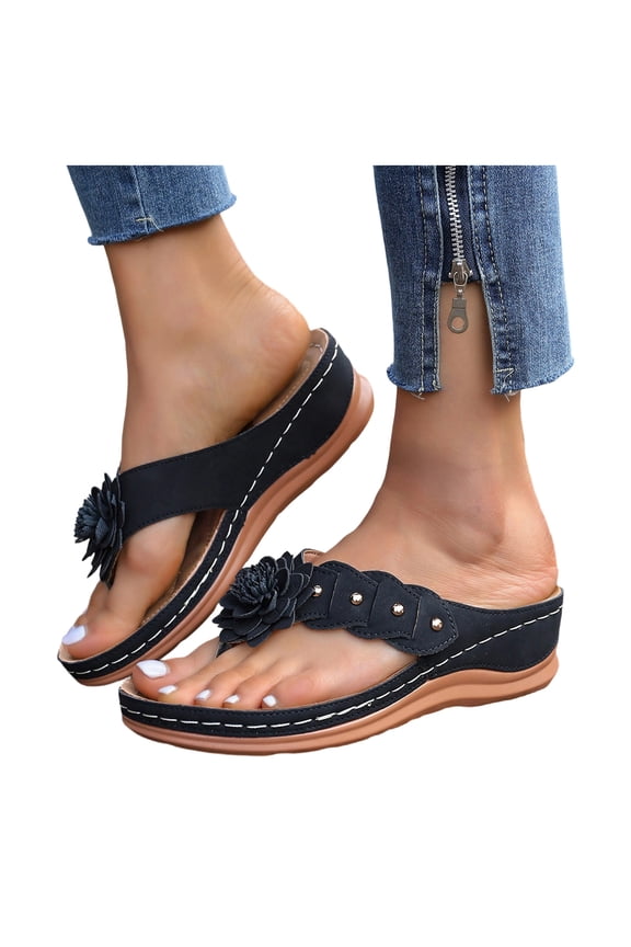 Flower Platform Wedge Dress Backless Sandals for Women Plantar Fasciitis with Arch Support Boho Beach Casual Leather Chunky Heel Orthotic Flip Flops Walking Slides Slippers Black Size 8.5