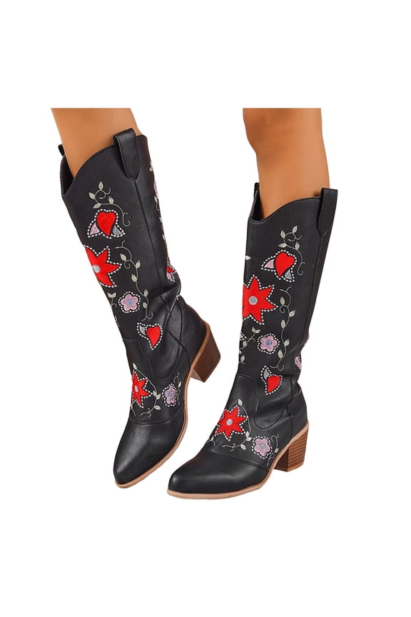 Flower Wide Calf Cowboy Boots for Women 2025 Fall Winter Fashion Embroidered Knee High Western Cowgirl Tall Boots Black Size 6