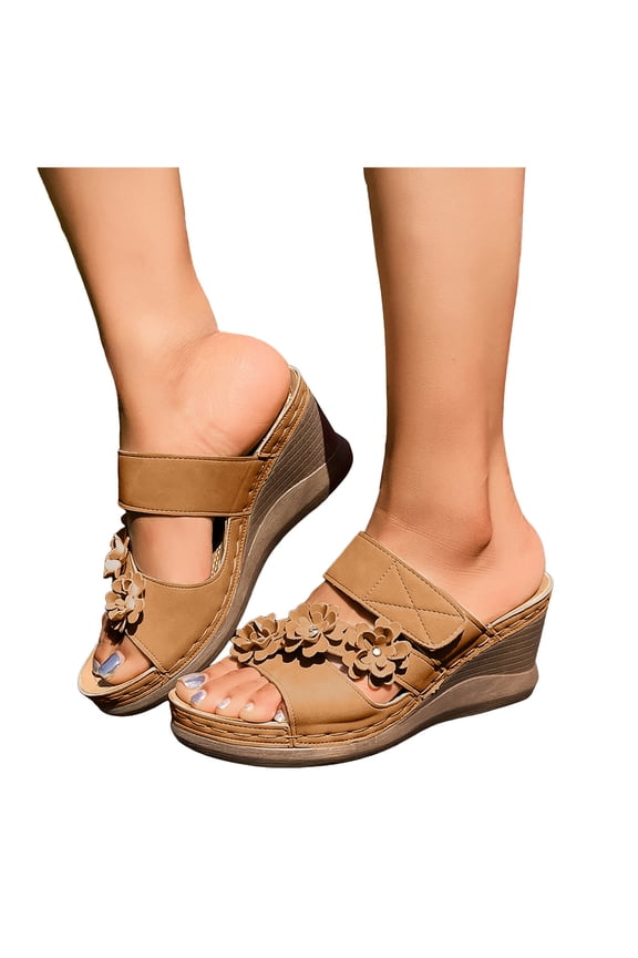 Flowers Orthopedic Dress Slip on Sandals for Women 2026 Boho Beach Summer Fashion Comfortable Leather Wedges Slides Casual Platform Walking Slippers Khaki Size 7