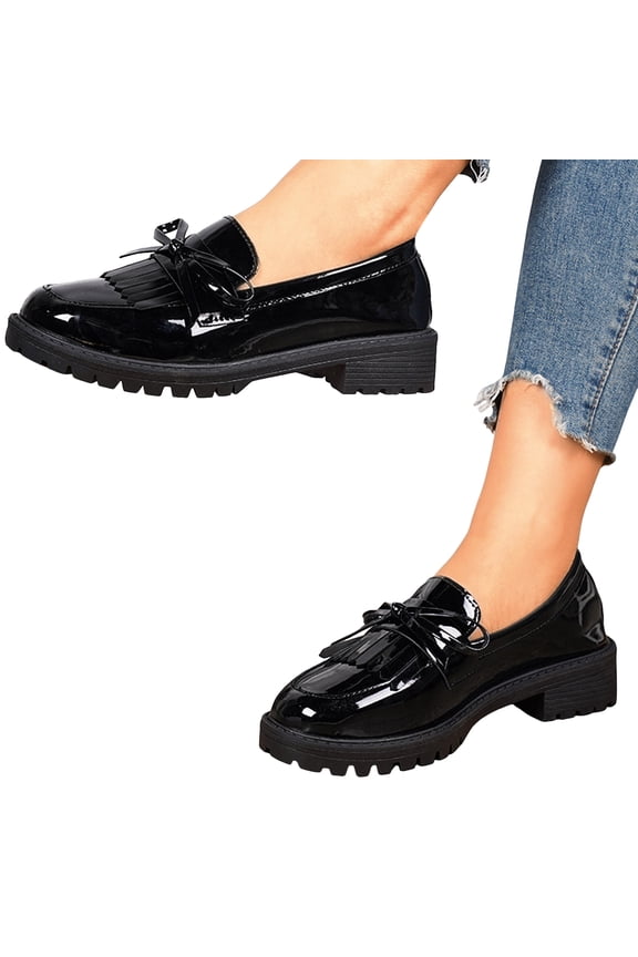 Fringe Oxfords Dress Shoes for Women Ladies 2026 Spring Fall Fashion Casual Leather Tassel Bow Low Heel Slip on Penny Loafer Ballet Flat Black Size 6