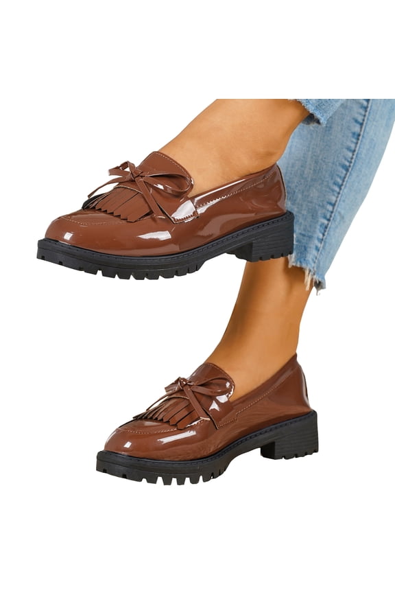 Fringe Oxfords Dress Shoes for Women Ladies 2026 Spring Fall Fashion Casual Leather Tassel Bow Low Heel Slip on Penny Loafer Ballet Flat Coffee Size 8.5