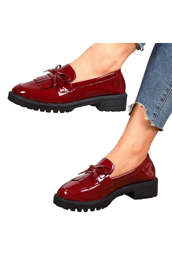 Fringe Oxfords Dress Shoes for Women Ladies 2026 Spring Fall Fashion Casual Leather Tassel Bow Low Heel Slip on Penny Loafer Ballet Flat Red Size 9