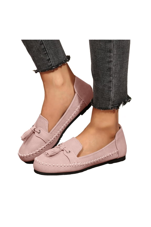 Fringed Ballet Flat Dress Shoes for Women Ladies Fashion Casual Suede Tassel Low Heel Slip on Penny Loafers Spring Fall Comfortable Walking Shoes Pink Size 6