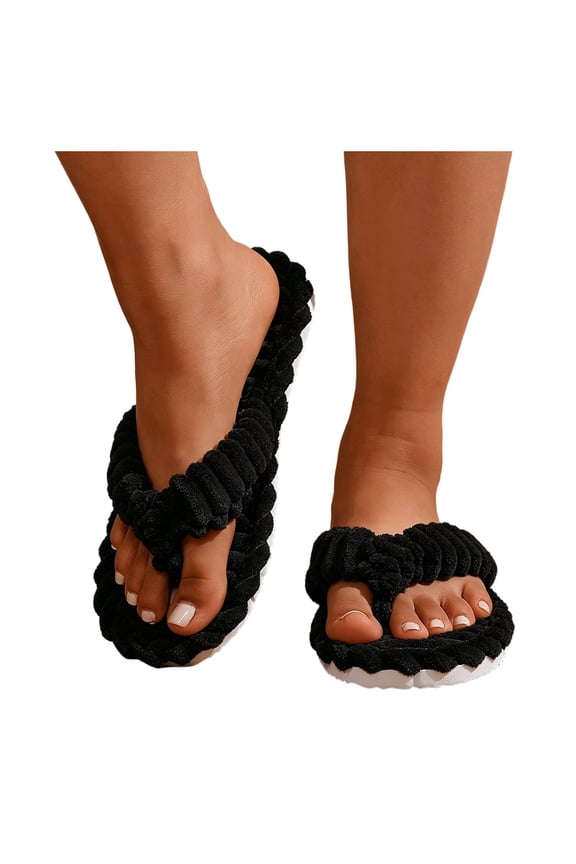 Fuzzy Flip Flops House Sandals for Women Comfortable Memory Foam Slides Quiet Plush Bedroom Slip on Slippers Indoor Outdoor