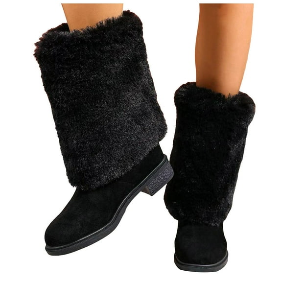 Rokment Fuzzy Mid Calf Winter Snow Boots for Women Cold Weather Fashion Suede Chunky Low Heel Furry Wide Mid Calf Dress Tall Boots Black Size 8
