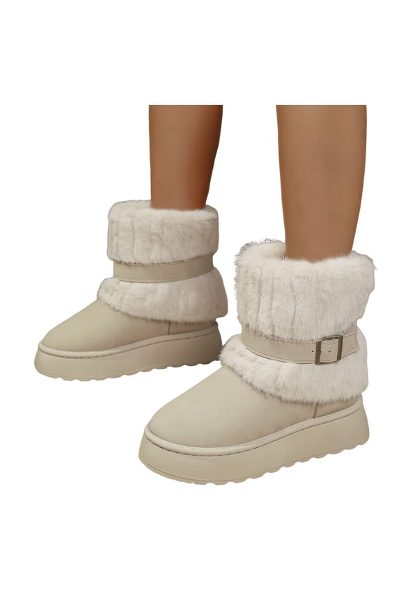 Fuzzy Platform Foldover Winter Snow Boots for Women 2025 Fashion Casual Buckles Warm Plush Fold over Memory Foam Mid Calf Dress Boots Christmas Party Beige Size 8