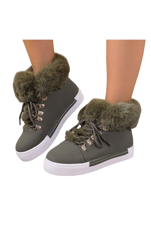 Fuzzy Platform Winter Snow Boots for Women Girls Fashion Casual Plush Lined Leather Lace up Combat Ankle Booties AG Size 7