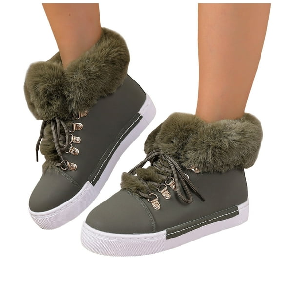 Rokment Fuzzy Platform Winter Snow Boots for Women Girls Fashion Casual Plush Lined Leather Lace up Combat Ankle Booties AG Size 9