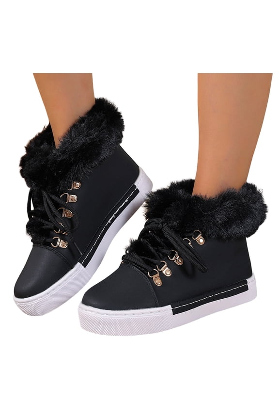 Fuzzy Platform Winter Snow Boots for Women Girls Fashion Casual Plush Lined Leather Lace up Combat Ankle Booties Black Size 9.5