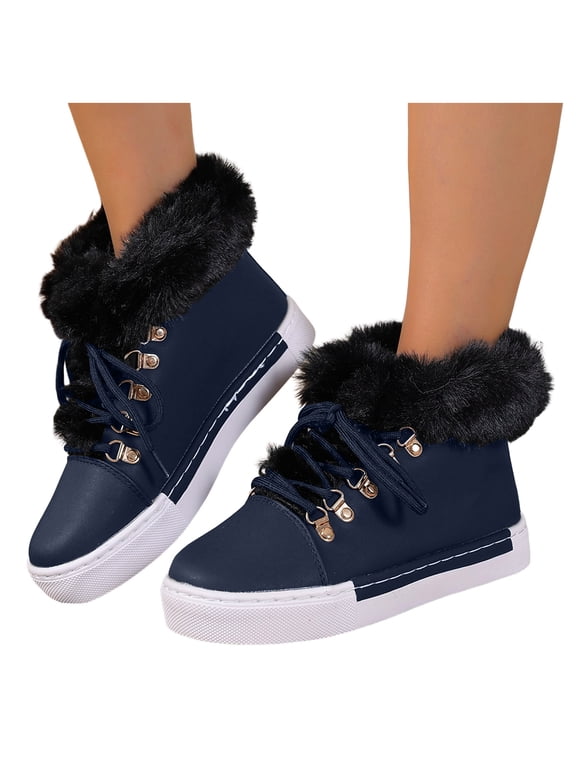 Fuzzy Platform Winter Snow Boots for Women Girls Fashion Casual Plush Lined Leather Lace up Combat Ankle Booties Dark Blue Size 6.5