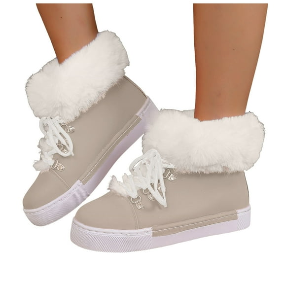 Rokment Fuzzy Platform Winter Snow Boots for Women Girls Fashion Casual Plush Lined Leather Lace up Combat Ankle Booties Light Gray Size 6.5