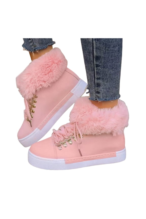 Fuzzy Platform Winter Snow Boots for Women Girls Fashion Casual Plush Lined Leather Lace up Combat Ankle Booties Pink Size 8.5