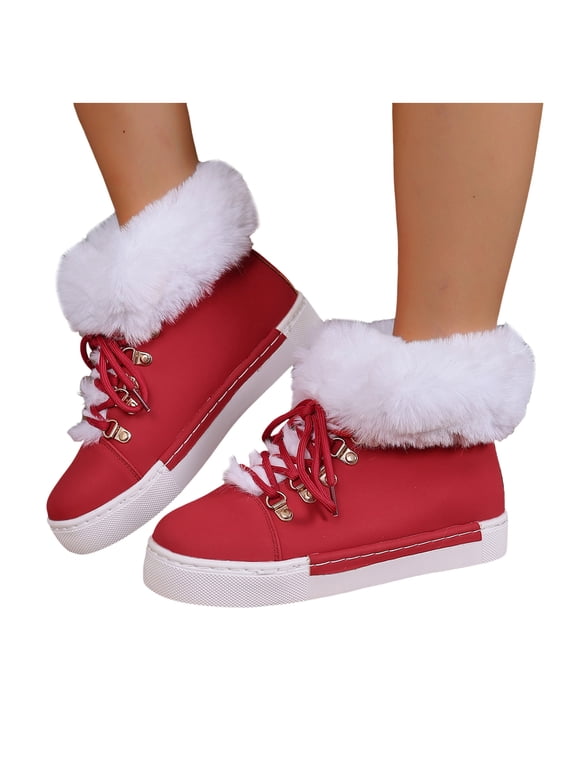 Fuzzy Platform Winter Snow Boots for Women Girls Fashion Casual Plush Lined Leather Lace up Combat Ankle Booties Red Size 9