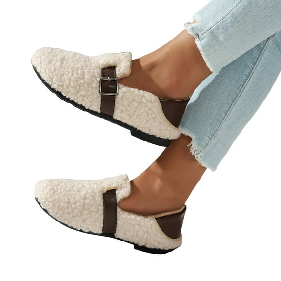 Rokment Fuzzy Slip on Loafers Snow Boots for Women 2025 Winter Fashion Buckles Plush Fleece Walking Flat Casual No Heel Short Ankle Booties White Size 7.5