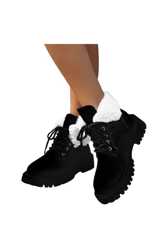Fuzzy Snow Combat Boots for Women Fashion Casual Plush Lace up Platform Chunky Winter Ankle Booties Non Slip Mid Calf Short Work Boots Black Size 6.5
