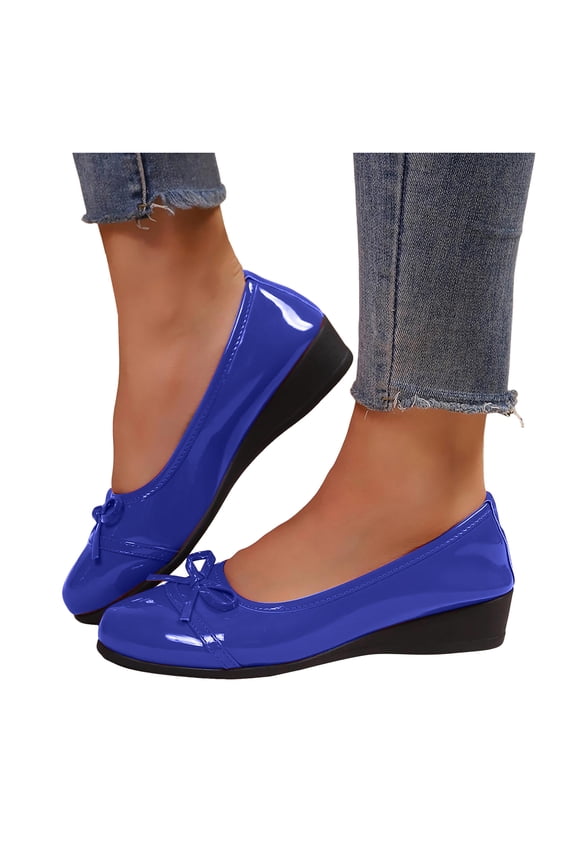 Glitter Bow Wedges Ballet Flat Dress Shoes for Women Ladies Bride Wedding Spring Fall Leather Bowknot Round Toe Low Heel Ballerina Walking Loafers Blue Size 8.5