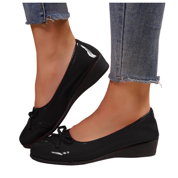 Rokment Glitter Bow Wedges Ballet Flat Dress Shoes for Women Ladies Bride Wedding Spring Fall Leather Bowknot Round Toe Low Heel Ballerina Walking Loafers Black Size 6