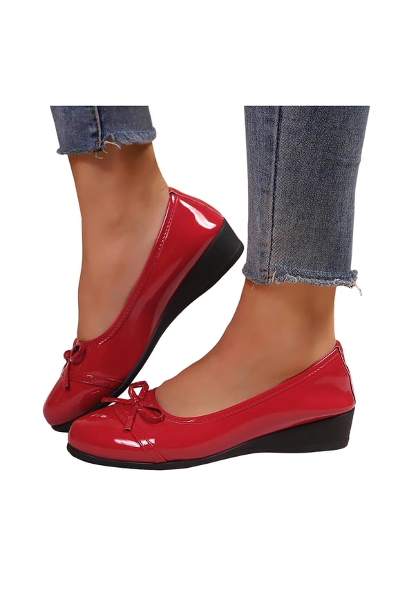 Glitter Bow Wedges Ballet Flat Dress Shoes for Women Ladies Bride Wedding Spring Fall Leather Bowknot Round Toe Low Heel Ballerina Walking Loafers Red Size 9