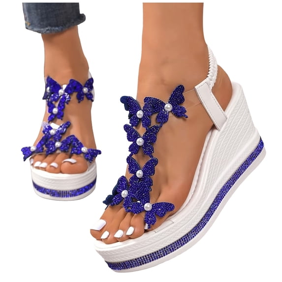 Rokment Glitter Butterfly Pearl Platform Wedge Dressy Sandals for Women Bride Wedding Elegant Clear Band Open Toe Chunky High Heels Slingback Dress Summer Shoes Blue Size 8