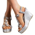 thumbnail image 1 of Rokment Glitter Flower Rhinestones Platform Wedges Dress Sandals for Women Bride Wedding 2026 Summer Delicate Clear Band Chunky High Heels Slingback Dressy Sandals Silver Size 8, 1 of 8