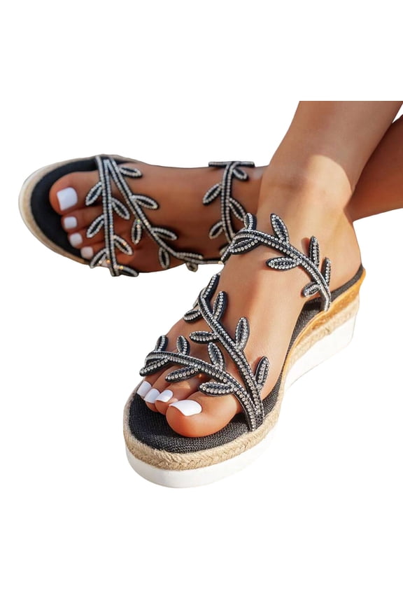 Glitter Leaves Rhinestones Platform Wedge Sandals for Women Bride Wedding Dressy Beach Linen Sole Breathable Espadrilles Chunky Heeled Ankle Strap Dress Summer Shoes Black Size 7