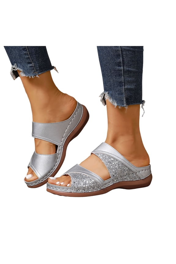 Glitter Metallic Sequin Orthopedic Wedges Slip on Sandals for Women 2026 Summer Beach Sparkly Casual Platform Arch Support Dress Sandals Comfortable Walking Slippers Silver Size 8