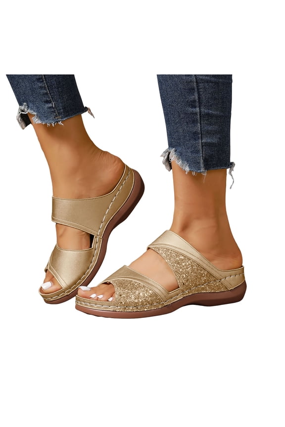 Glitter Metallic Sequin Orthopedic Wedges Slip on Sandals for Women 2026 Summer Beach Sparkly Casual Platform Arch Support Dress Sandals Comfortable Walking Slippers Gold Size 8.5