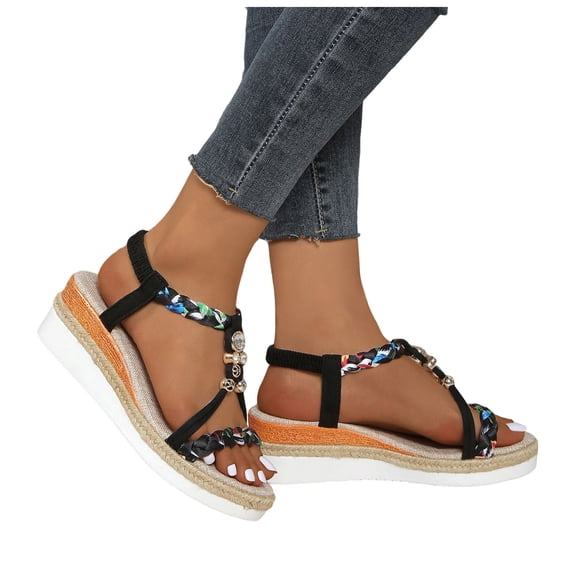 Rokment Glitter Rhinestones Bohemian Wedge Dressy Sandals for Women Ethnic Handwoven Rope Lined Sole Open Toe Espadrilles Platform Elastic Ankle Strap Walking Dress Beach Summer Shoes Black Size 6