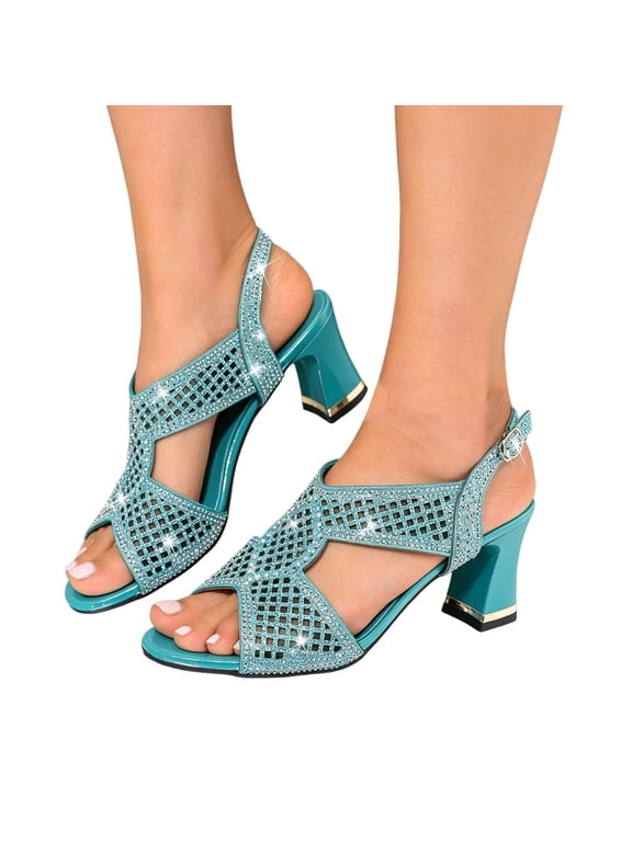 Glitter Rhinestones High Heels Dressy Sandals for Women Bride Wedding Bling Boho Hollow out Leather Open Toe Chunky Block Heeled Gladiator Slingback Dress Pumps Shoes Summer Blue Size 9