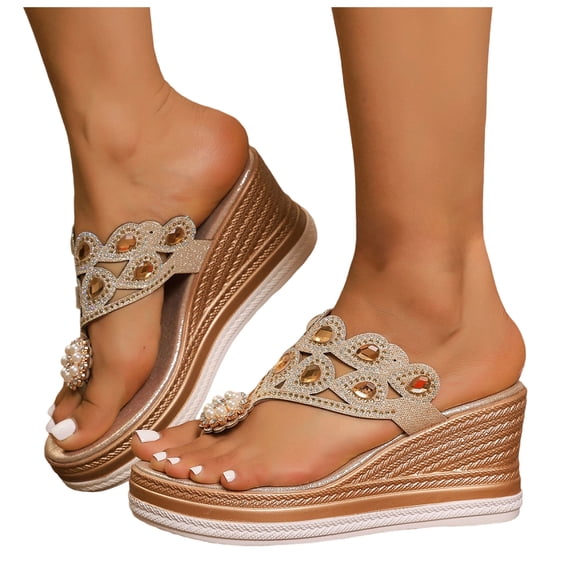 Rokment Glitter Rhinestones Pearl Platform Flip Flops Backless Slip on Dress Sandals for Women Ethnic Boho Delicate Wedge Chunky Heels Slides Summer Slippers Gold Size 8.5