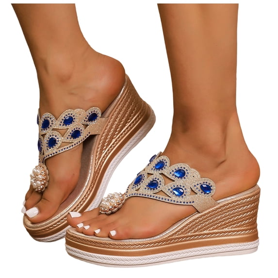 Rokment Glitter Rhinestones Pearl Platform Flip Flops Backless Slip on Dress Sandals for Women Ethnic Boho Delicate Wedge Chunky Heels Slides Summer Slippers Blue Size 9
