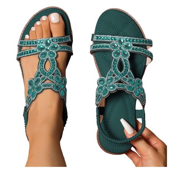 Rokment Glitter Rhinestones Wedges Dress Sandals for Women Beach Boho Vintage Sparkly Open Toe Low Heel Elastic Slingback Walking Dressy Summer Shoes Bride Wedding Dark Green Size 6.5