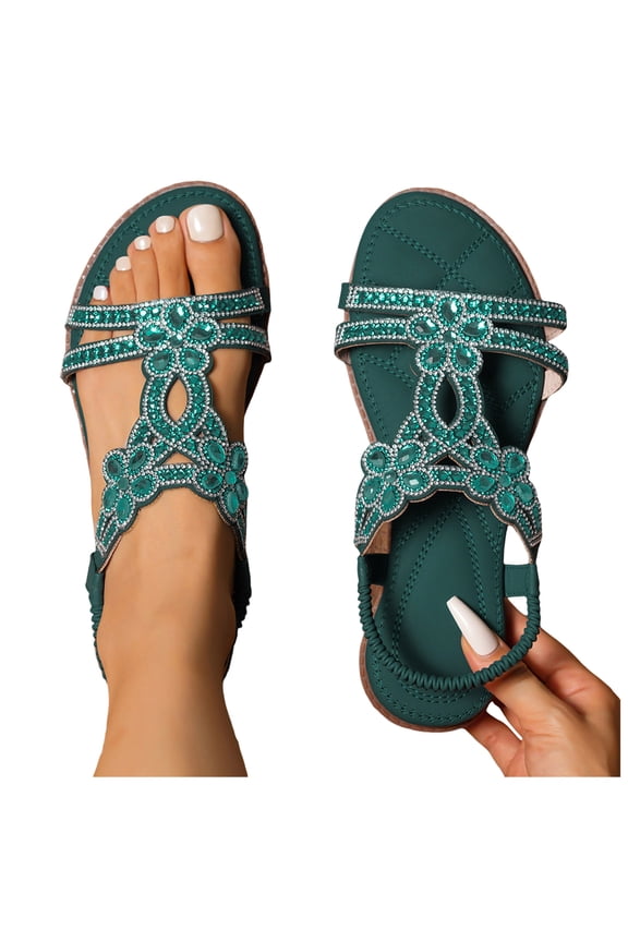 Glitter Rhinestones Wedges Dress Sandals for Women Beach Boho Vintage Sparkly Open Toe Low Heel Elastic Slingback Walking Dressy Summer Shoes Bride Wedding Dark Green Size 6.5