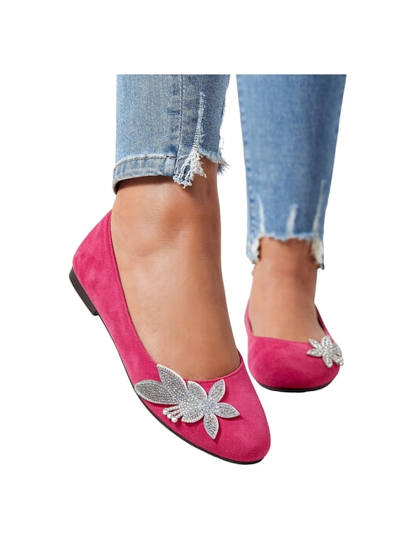 Glitter Sequin Leaves Ballet Flat Dress Shoes for Women Bride Wedding Elegant Delicate Suede Round Toe Low Heels Comfortable Slip on Walking Loafers Hot Pink Size 7.5
