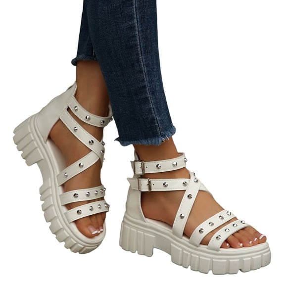 Rokment Gothic Studded Platform Gladiator Sandals for Women Vintage Casual Leather Chunky Mid Heels Comfortable Strappy Walking Dress Summer Shoes White Size 8.5