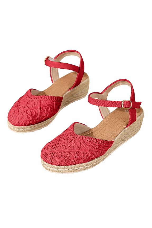 Handmade Flower Crochet Espadrilles Platform Wedge Dress Sandals for Women 2026 Beach Boho Straw Chunky High Heel Casual Closed Toe Ankle Strap Dressy Shoes Spring Summer Red Size 9