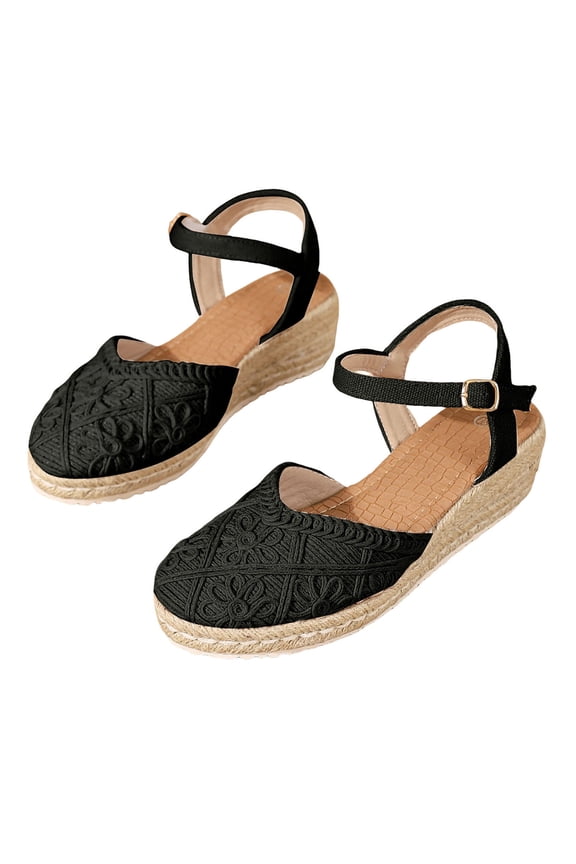 Handmade Flower Crochet Espadrilles Platform Wedge Dress Sandals for Women 2026 Beach Boho Straw Chunky High Heel Casual Closed Toe Ankle Strap Dressy Shoes Spring Summer Black Size 6