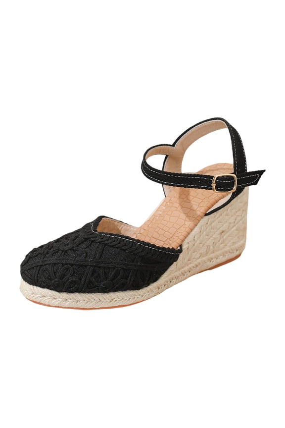 Handmade Rope Flower Espadrilles Platform Wedges Dress Sandals for Women Bride Wedding Vintage Boho Beach Crochet Closed Toe Chunky High Heels Dressy Summer Shoes Black Size 6