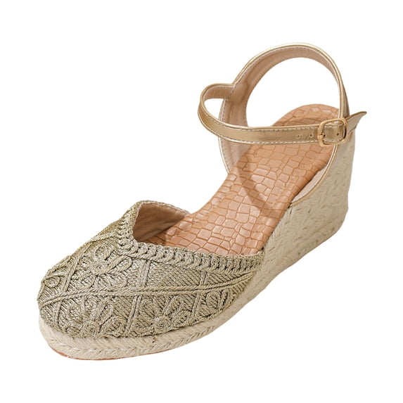 Rokment Handmade Rope Flower Espadrilles Platform Wedges Dress Sandals for Women Bride Wedding Vintage Boho Beach Crochet Closed Toe Chunky High Heels Dressy Summer Shoes Green Size 8