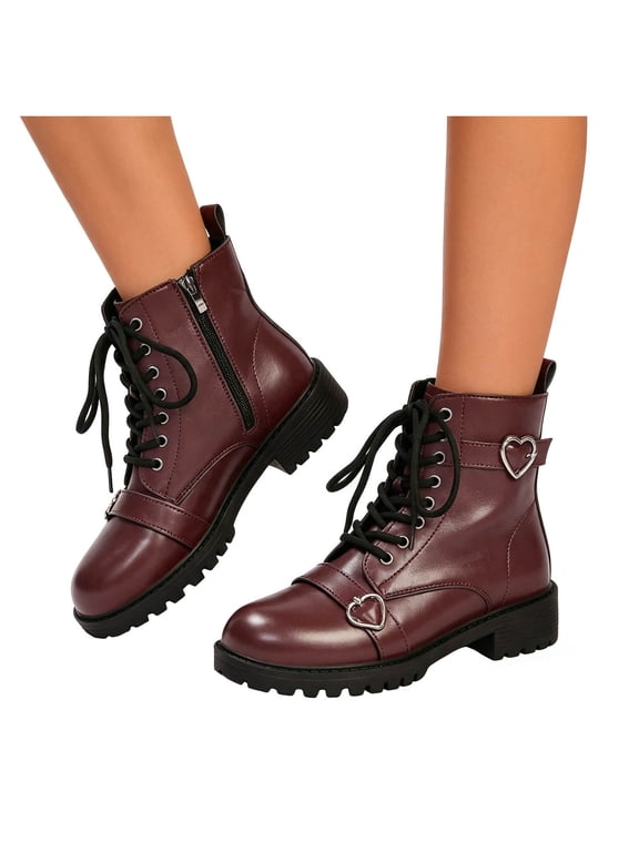 Heart Buckles Mid Calf Combat Boots for Women Trendy Casual Leather Platform Chunky Heels Comfortable Riding Dress Ankle Booties
