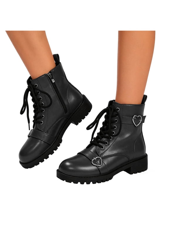 Heart Buckles Mid Calf Combat Boots for Women Trendy Casual Leather Platform Chunky Heels Comfortable Riding Dress Ankle Booties