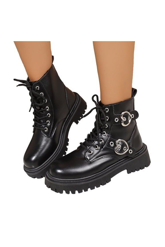 Heart Platform Combat Boots for Women Fashion Casual Leather Buckles Chunky Mid Heel Riding Short Ankle Booties for Wedding Christmas Valentines Day B Size 6
