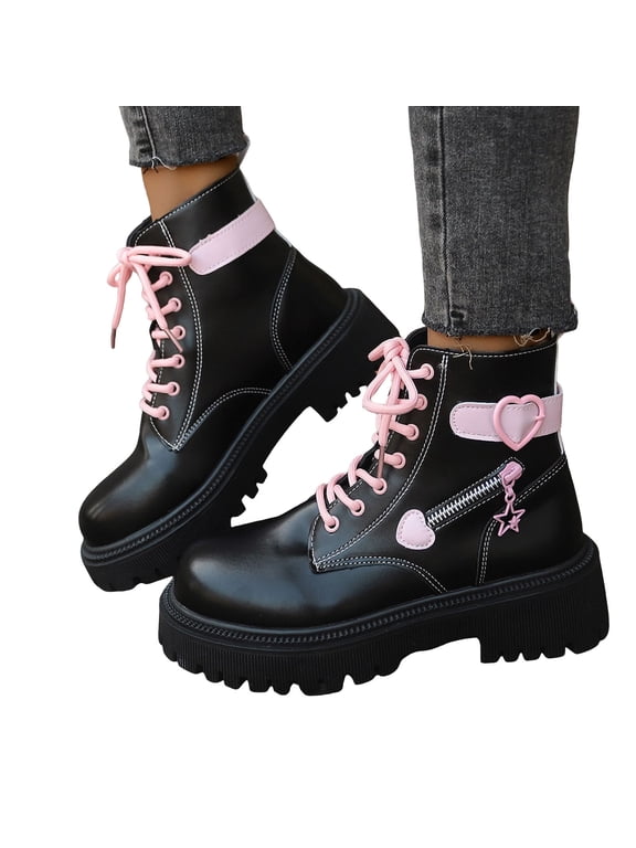 Heart Platform Combat Boots for Women Fashion Casual Leather Buckles Chunky Mid Heel Riding Short Ankle Booties for Wedding Christmas Valentines Day A Size 6