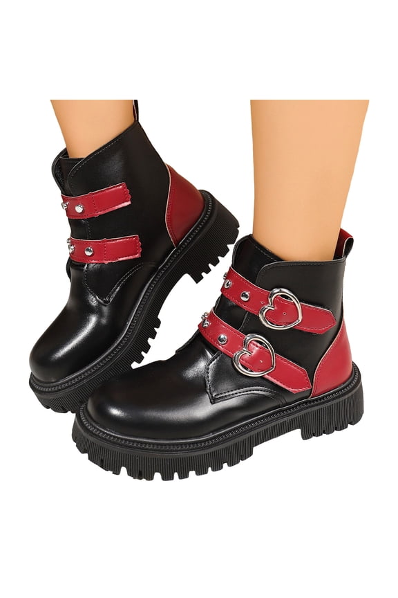 Heart Platform Combat Boots for Women Fashion Casual Leather Buckles Chunky Mid Heel Riding Short Ankle Booties for Wedding Christmas Valentines Day E Size 7
