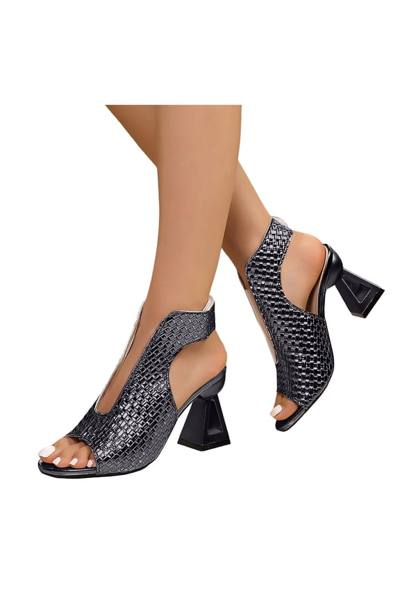 High Heels Dressy Sandals for Women Ladies Elegant Glitter Metallic Leather Triangle Chunky Heeled Slingback Pumps Summer Shoes Black Size 6