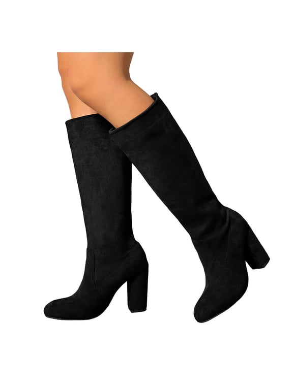 High Heels Knee High Dress Boots for Women Ladies Fashion Solid Color Suede Pointed Toe Pumps Heeled Mid Calf Tall Boots Black Size 6.5
