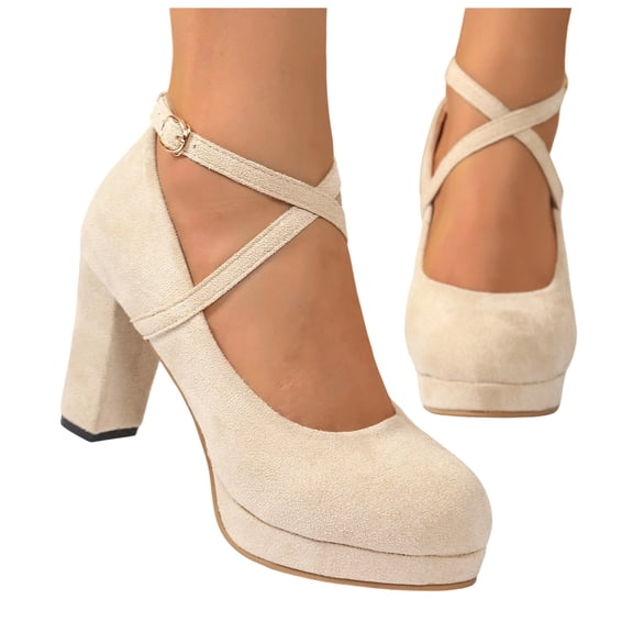Rokment High Heels Strappy Dress Shoes for Women Ladies Fashion Casual Suede Pointed Toe Platform Chunky Heeled Business Office Formal Dressy Pumps Bridal Spring Fall Beige Size 8